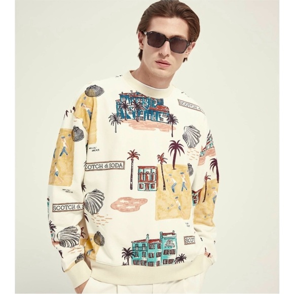 Scotch & Soda Sweatshirt Crewneck Beige Printed Tropical Palm Trees Large - Picture 1 of 15